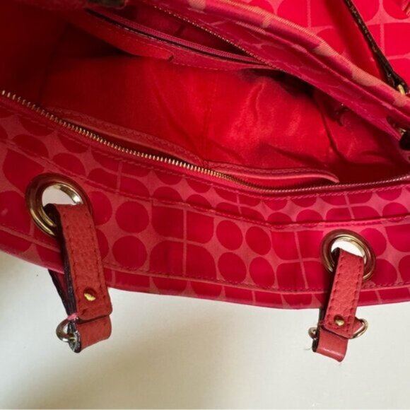 Kate Spade Pink Jacquard Pink Canvas Chain Strap Tote Shoulder Bag Leather Print - Picture 11 of 16